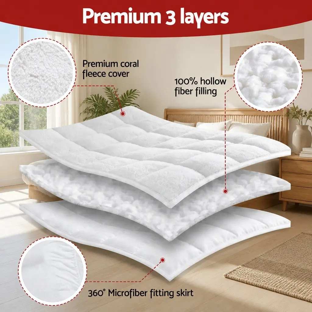 Mattress Topper White King Single 5cm Coral Fleece Pillowtop Fitted Elastic Warm