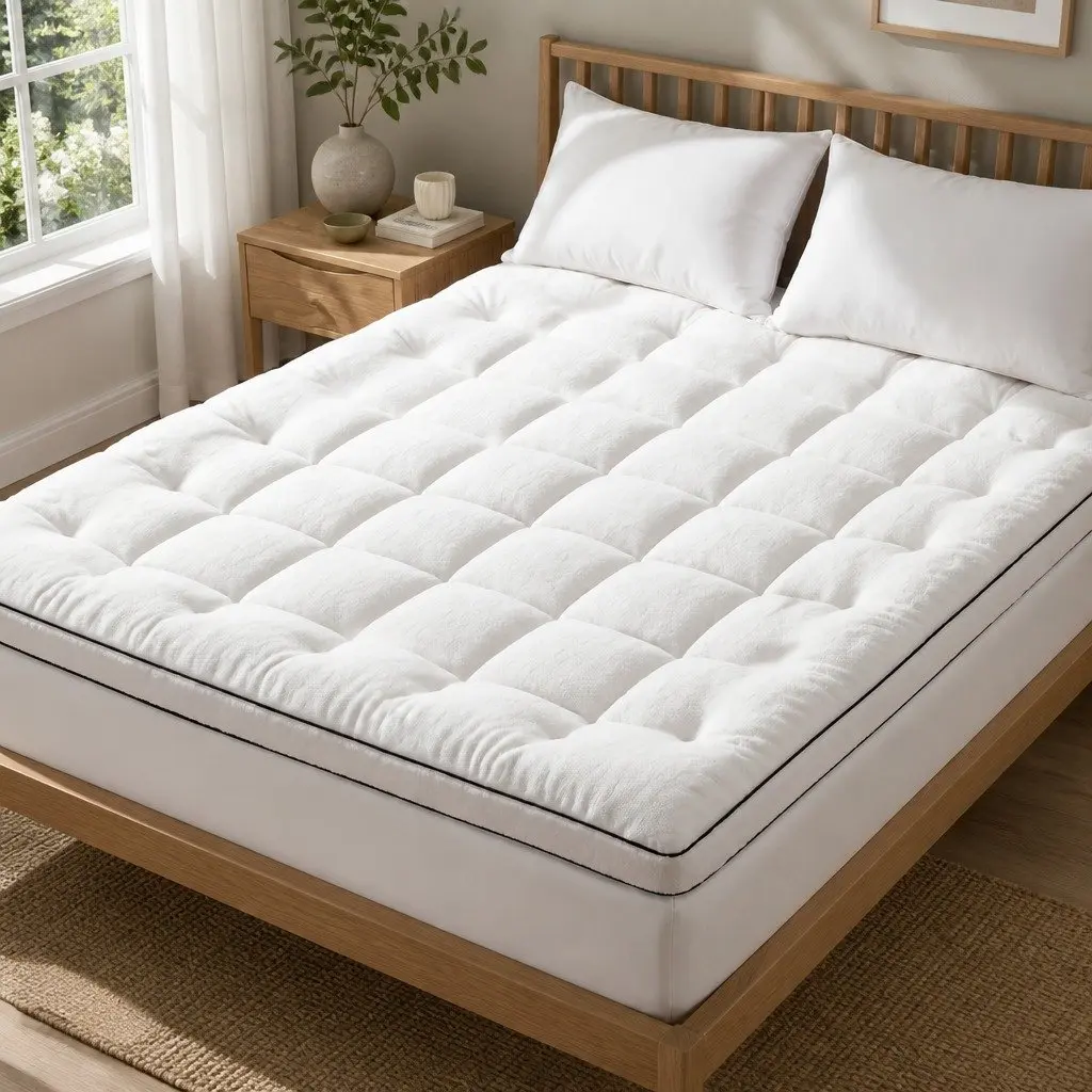 King Mattress Topper White 5cm Pillowtop Coral Fleece Fitted Elastic Skirt Support