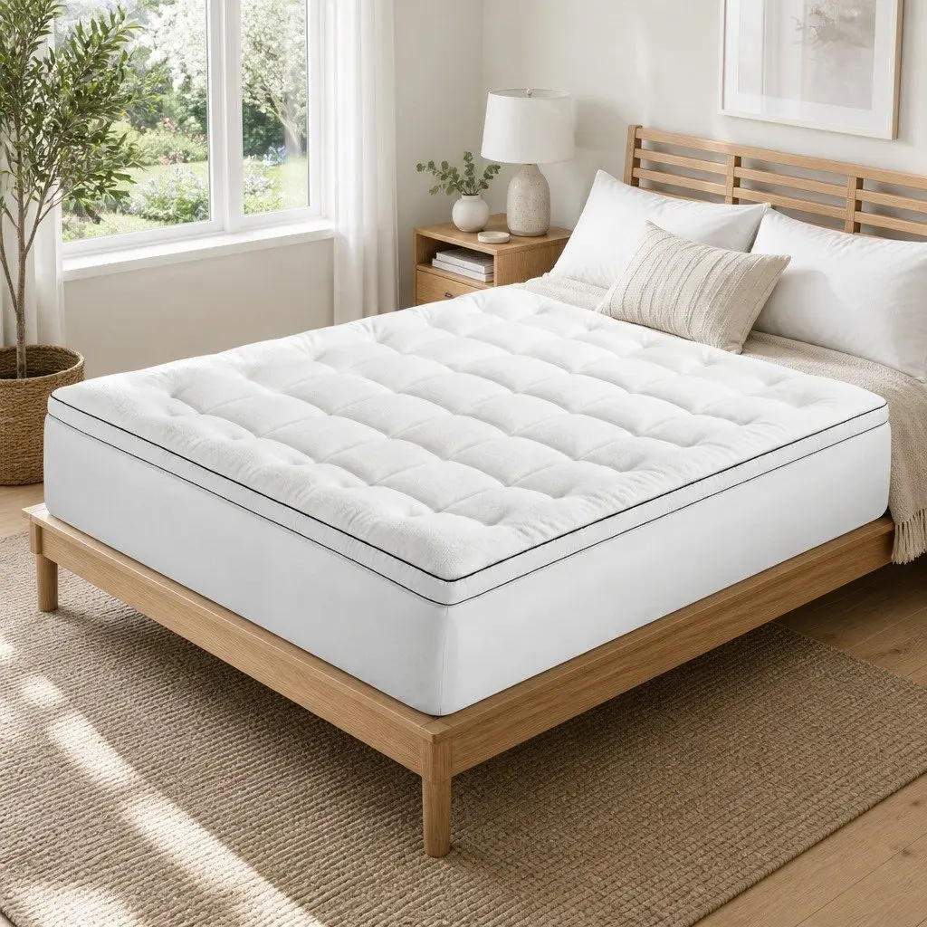 King Mattress Topper White 5cm Pillowtop Coral Fleece Fitted Elastic Skirt Support