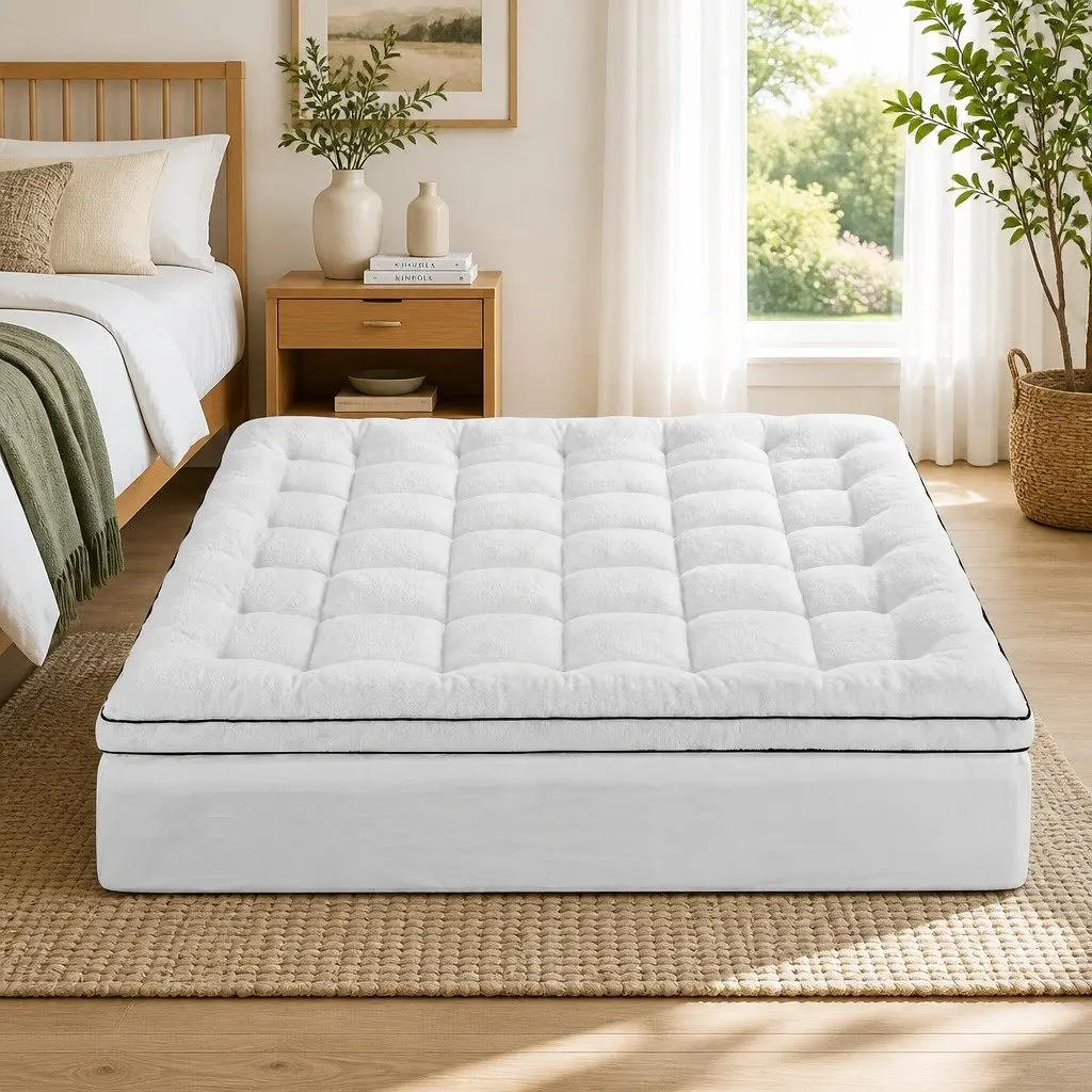 King Mattress Topper White 5cm Pillowtop Coral Fleece Fitted Elastic Skirt Support