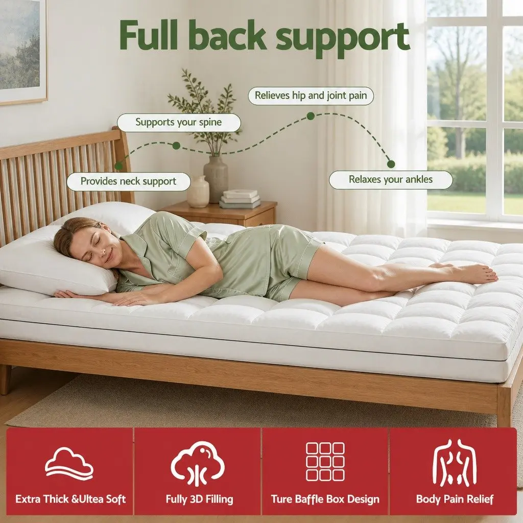 King Mattress Topper White 5cm Pillowtop Coral Fleece Fitted Elastic Skirt Support