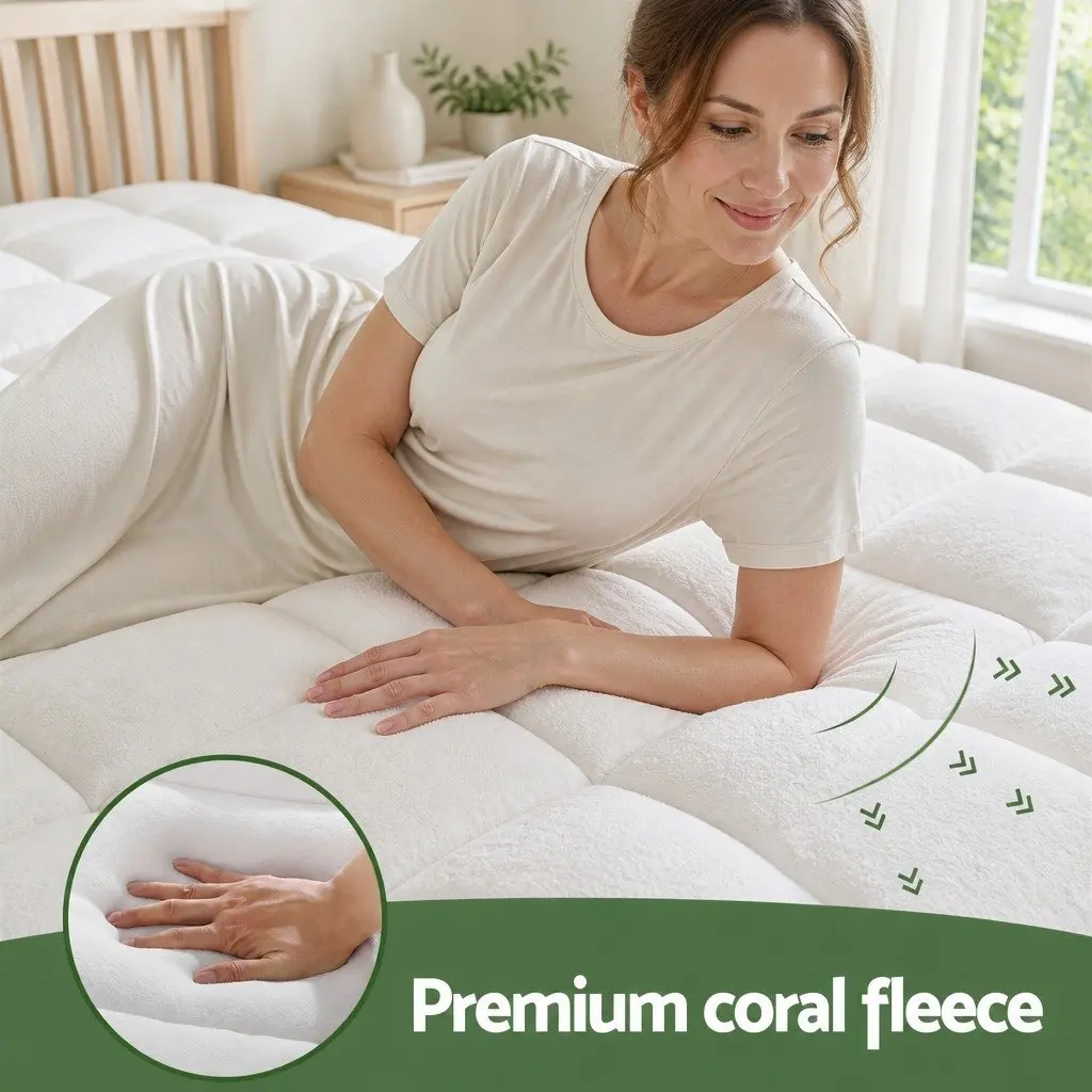 King Mattress Topper White 5cm Pillowtop Coral Fleece Fitted Elastic Skirt Support