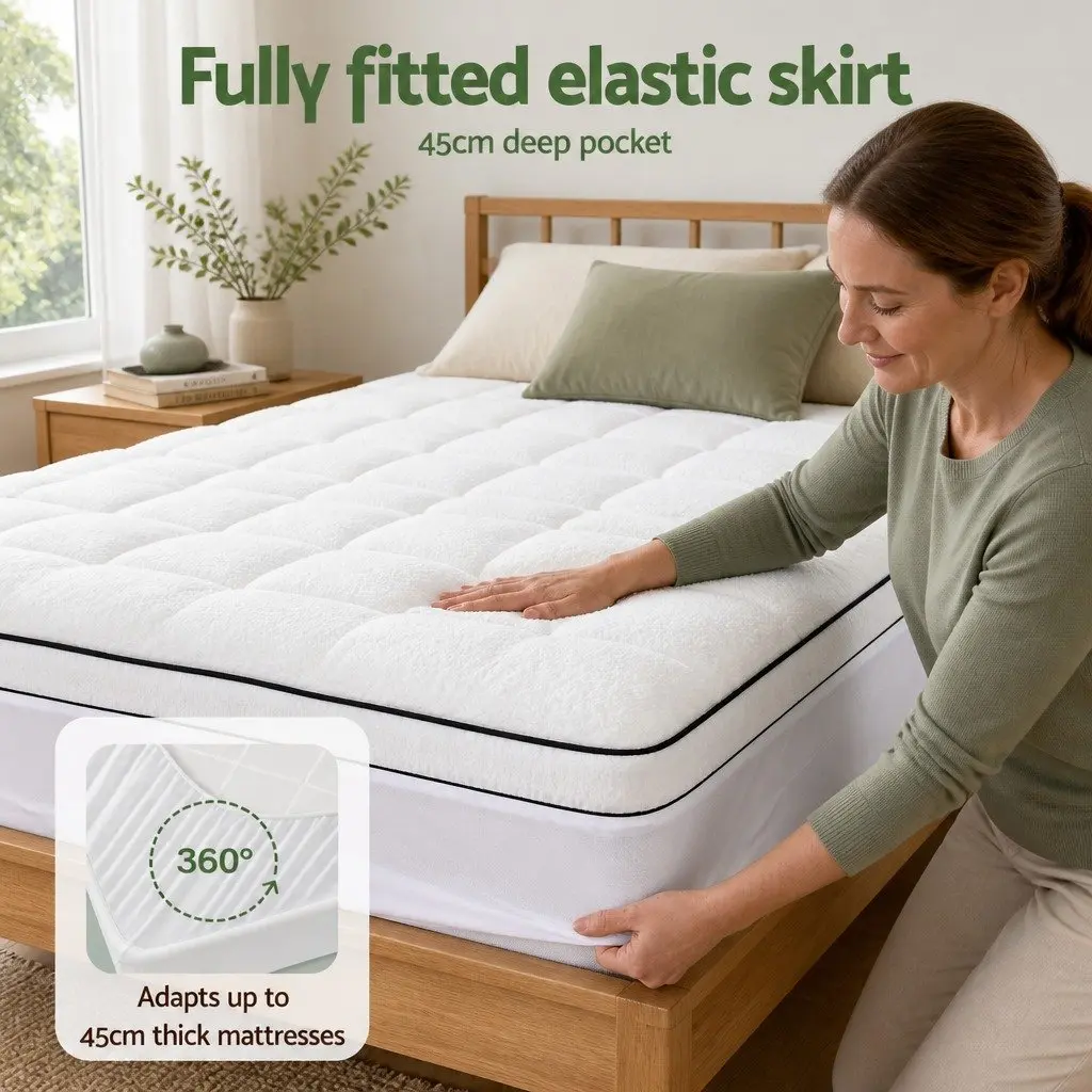 King Mattress Topper White 5cm Pillowtop Coral Fleece Fitted Elastic Skirt Support