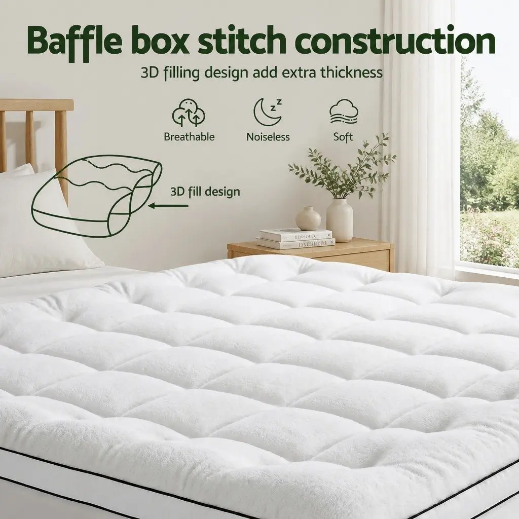 King Mattress Topper White 5cm Pillowtop Coral Fleece Fitted Elastic Skirt Support
