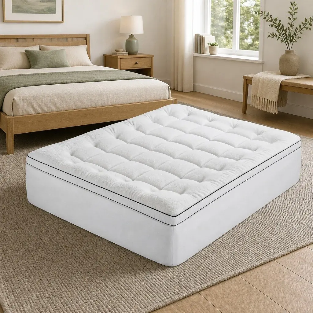 Queen Mattress Topper White 5cm Pillowtop Coral Fleece Fitted Baffle Box Stitch
