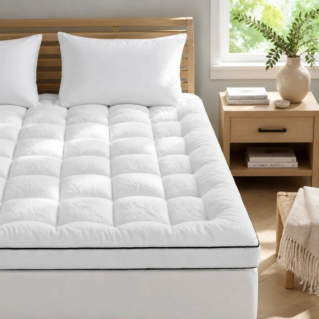 Queen Mattress Topper White 5cm Pillowtop Coral Fleece Fitted Baffle Box Stitch