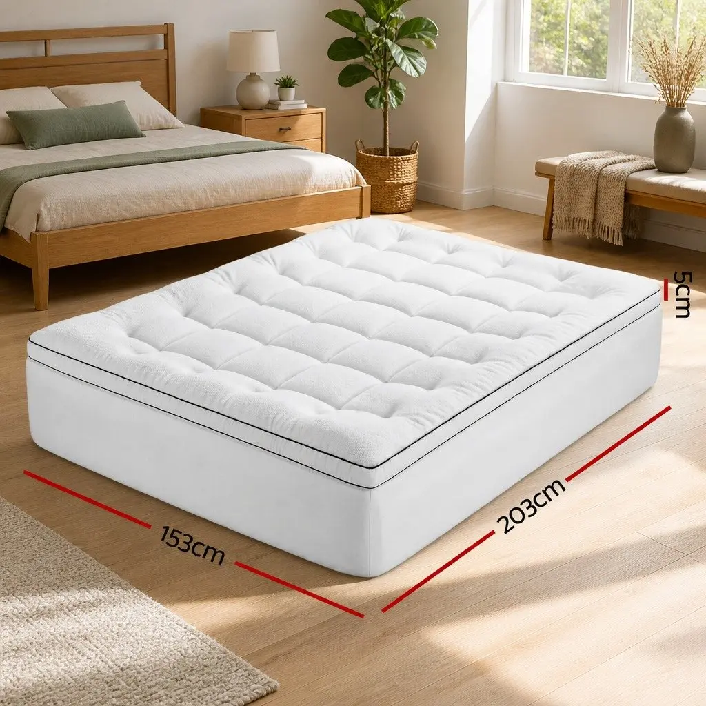 Queen Mattress Topper White 5cm Pillowtop Coral Fleece Fitted Baffle Box Stitch