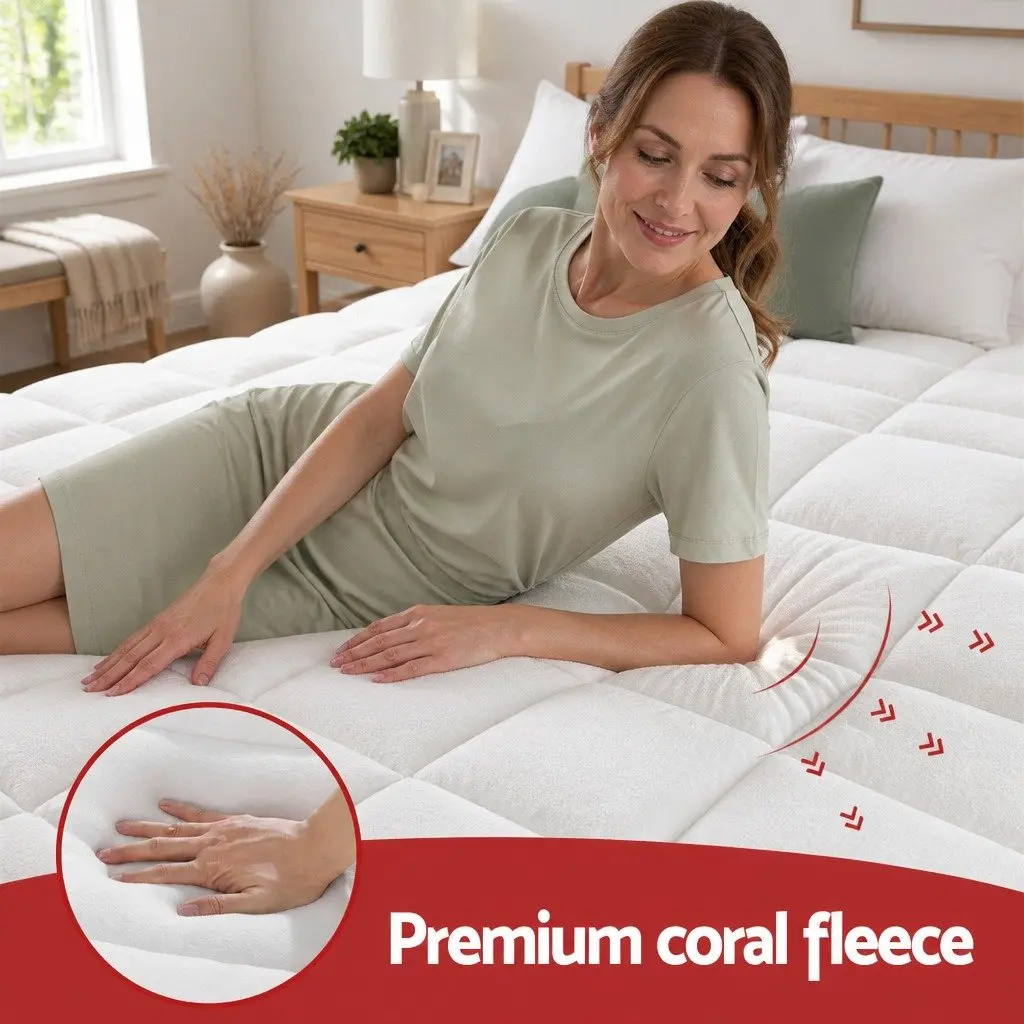 Queen Mattress Topper White 5cm Pillowtop Coral Fleece Fitted Baffle Box Stitch