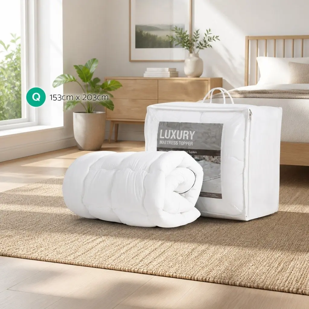Mattress Topper White Queen 5cm Pillowtop Microfibre Breathable Machine Washable
