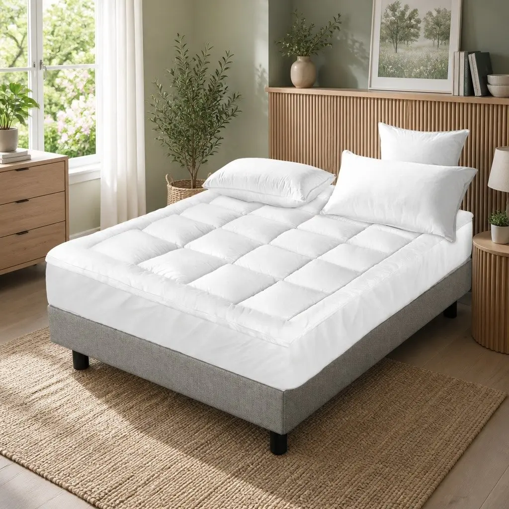 Mattress Topper White King Single 5cm Thick Pillowtop Microfibre Filling Breathable Construction