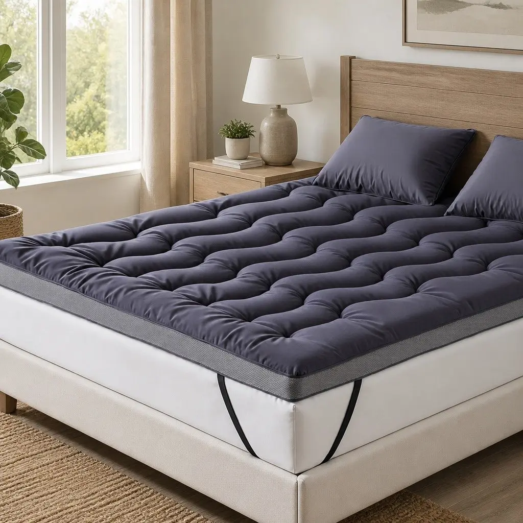 Queen Mattress Topper Charcoal Grey 5cm Pillowtop Bamboo Polyester Blend Fibre Washable