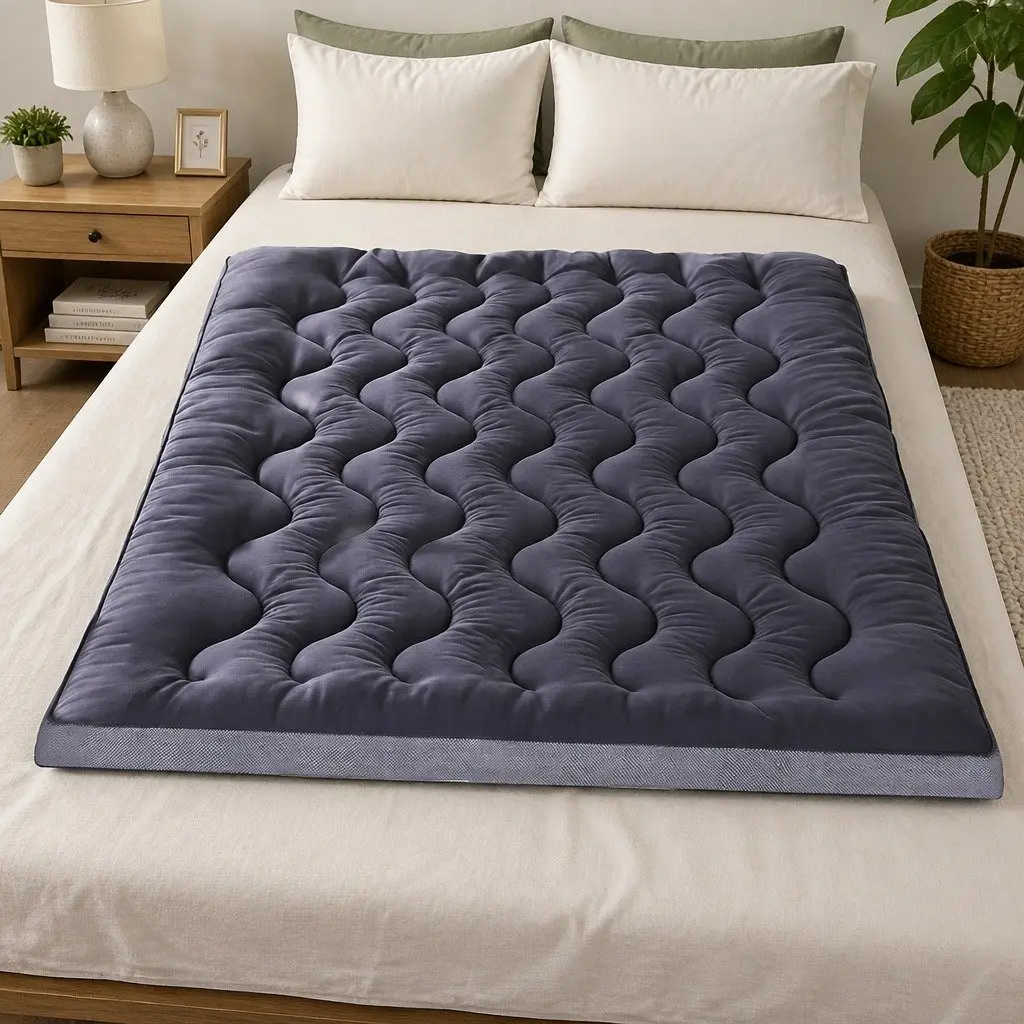 Queen Mattress Topper Charcoal Grey 5cm Pillowtop Bamboo Polyester Blend Fibre Washable