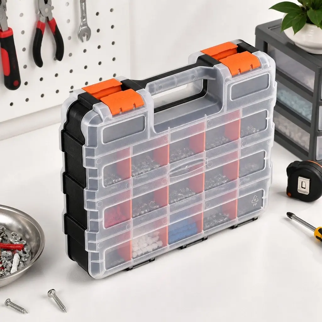 Double Sided Tool Box Organizer Black and Orange 34 Compartment Adjustable Storage with Clear View Lids and Ergonomic Handle