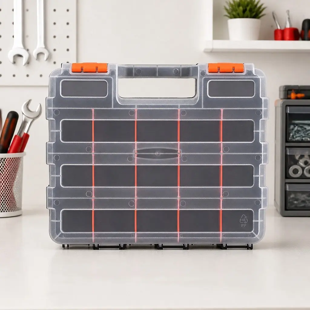 Double Sided Tool Box Organizer Black and Orange 34 Compartment Adjustable Storage with Clear View Lids and Ergonomic Handle