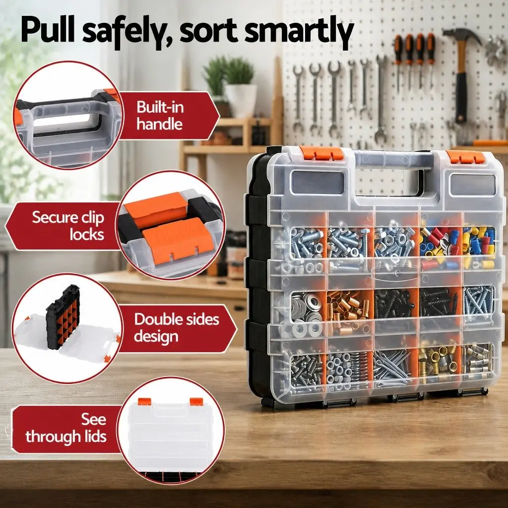 Double Sided Tool Box Organizer Black and Orange 34 Compartment Adjustable Storage with Clear View Lids and Ergonomic Handle