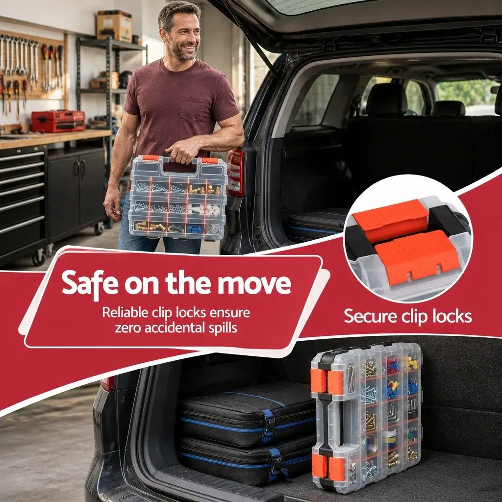 Double Sided Tool Box Organizer Black and Orange 34 Compartment Adjustable Storage with Clear View Lids and Ergonomic Handle