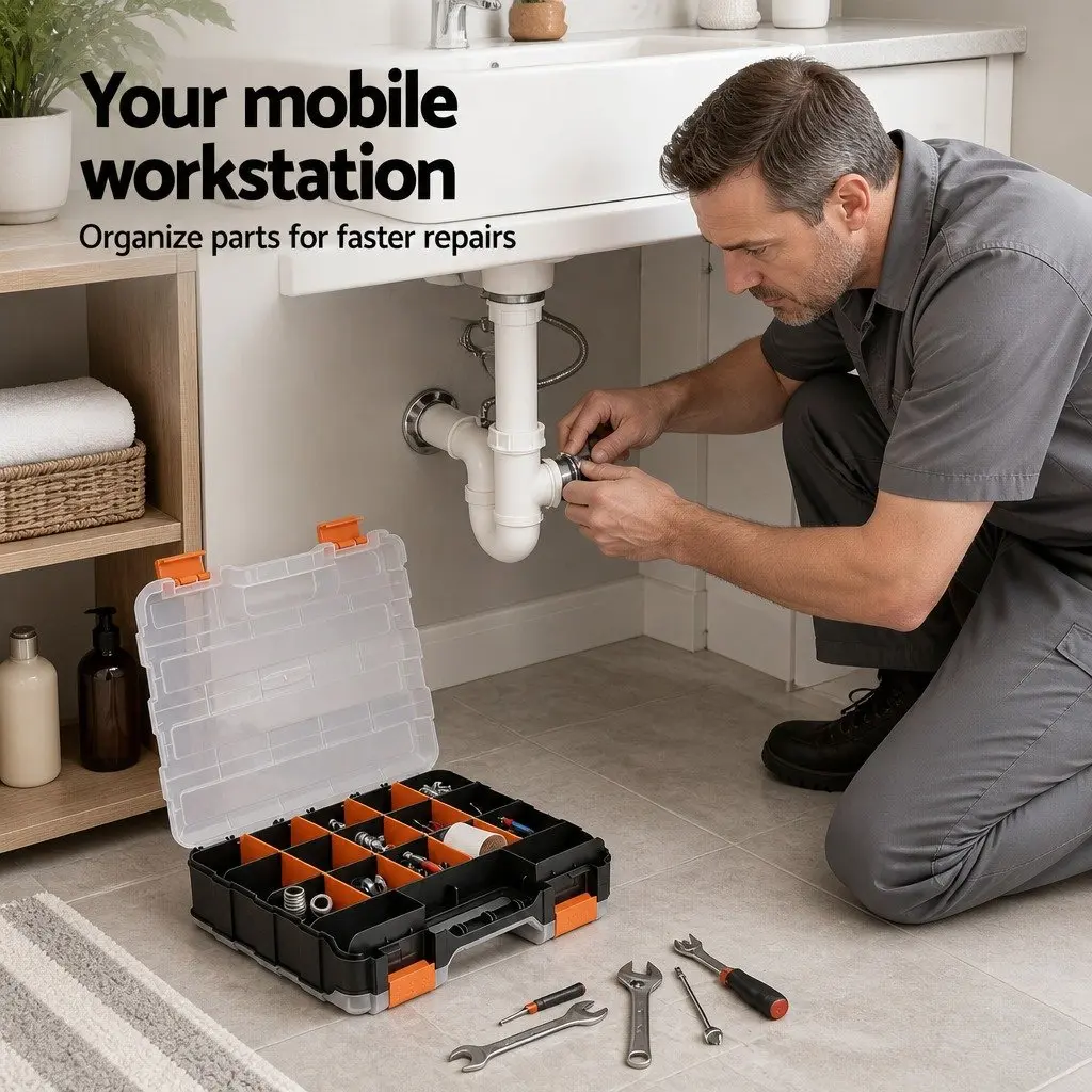 Double Sided Tool Box Organizer Black and Orange 34 Compartment Adjustable Storage with Clear View Lids and Ergonomic Handle