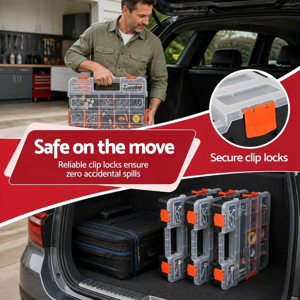 Tool Box Organizer Black Orange 3 Pack Small Parts Storage Boxes with Latches