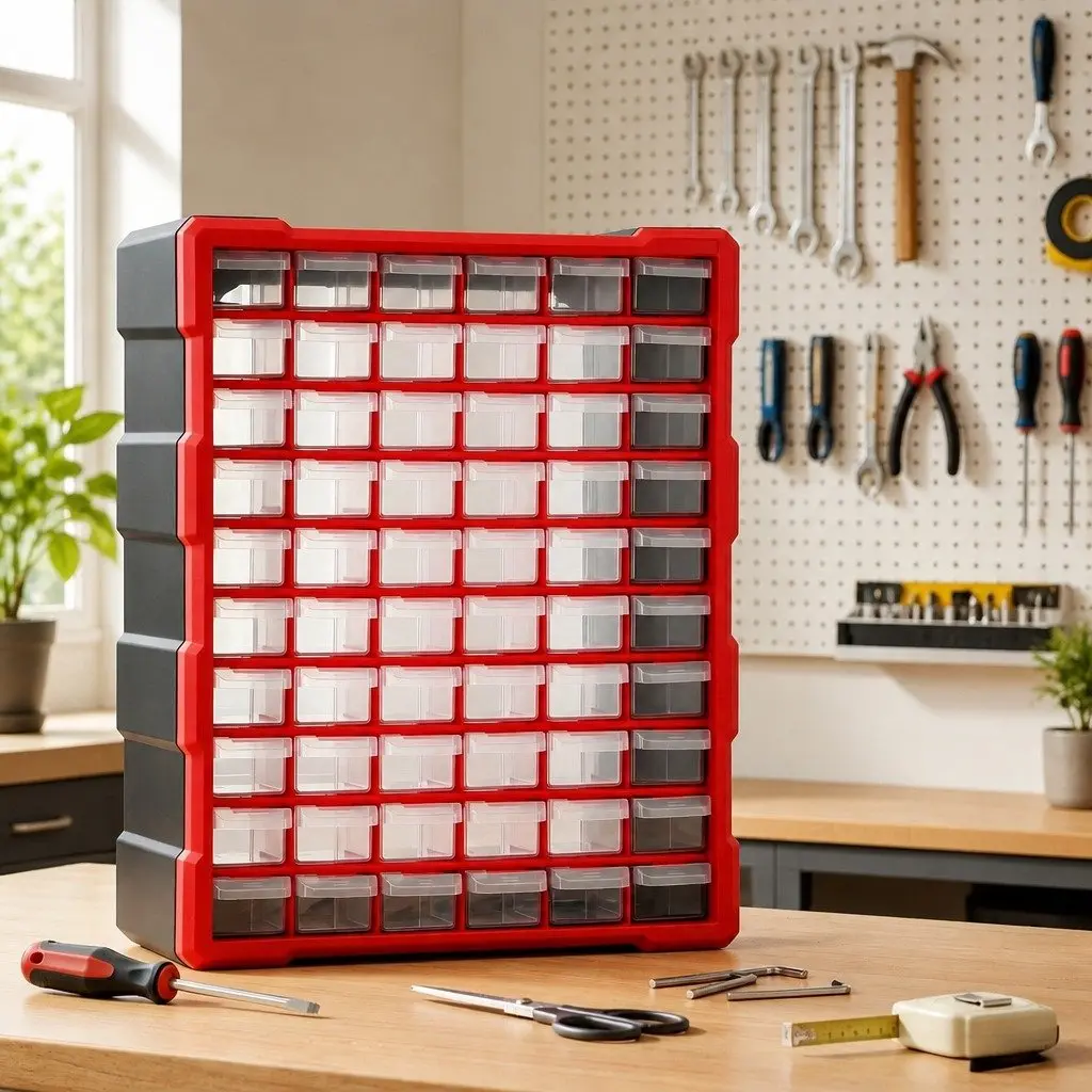 60-Drawer Tool Storage Cabinet Orange Wall-Mount Stackable Heavy-Duty Black Frame