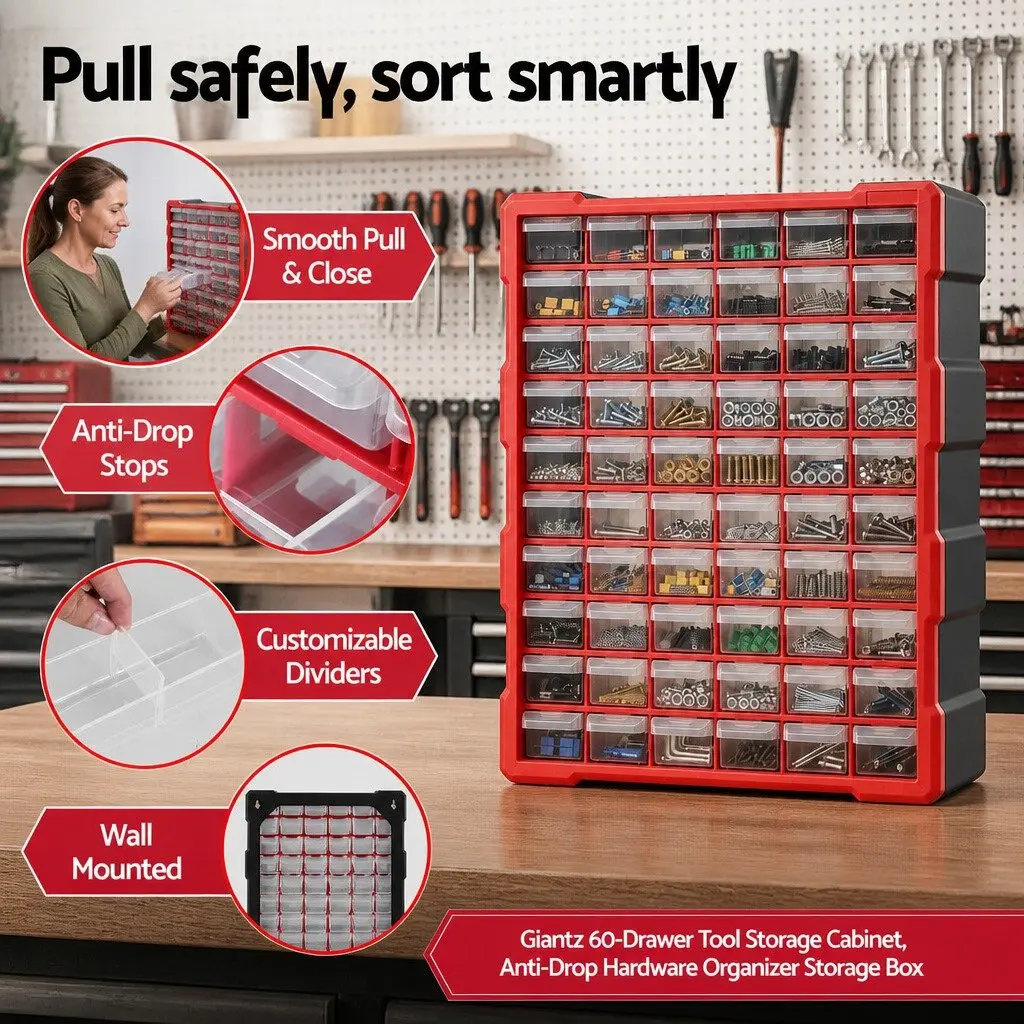60-Drawer Tool Storage Cabinet Orange Wall-Mount Stackable Heavy-Duty Black Frame