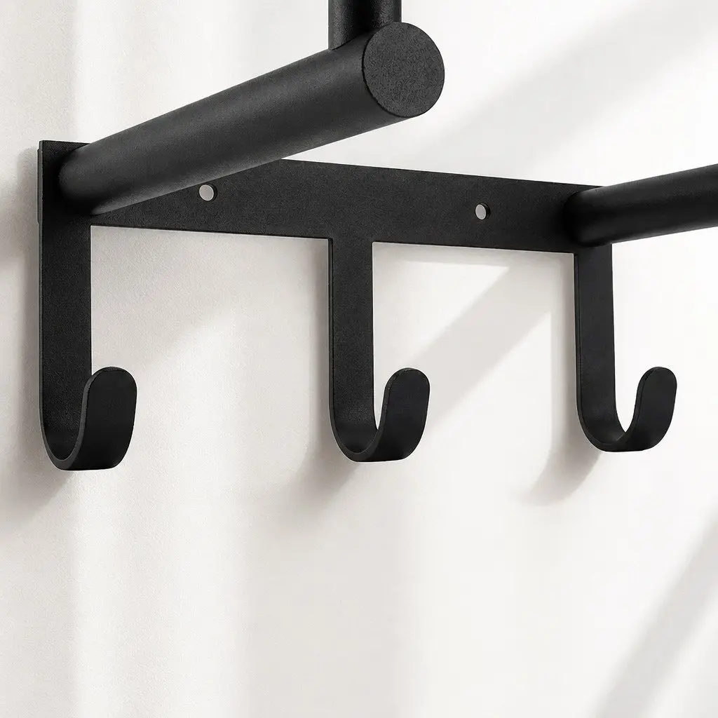 Wall Mounted Towel Rack Black 30cm x 16cm x 50cm Carbon Steel with Shelf and 3 Hooks