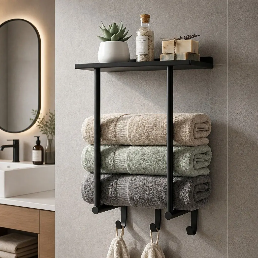 Wall Mounted Towel Rack Black 30cm x 16cm x 50cm Carbon Steel with Shelf and 3 Hooks
