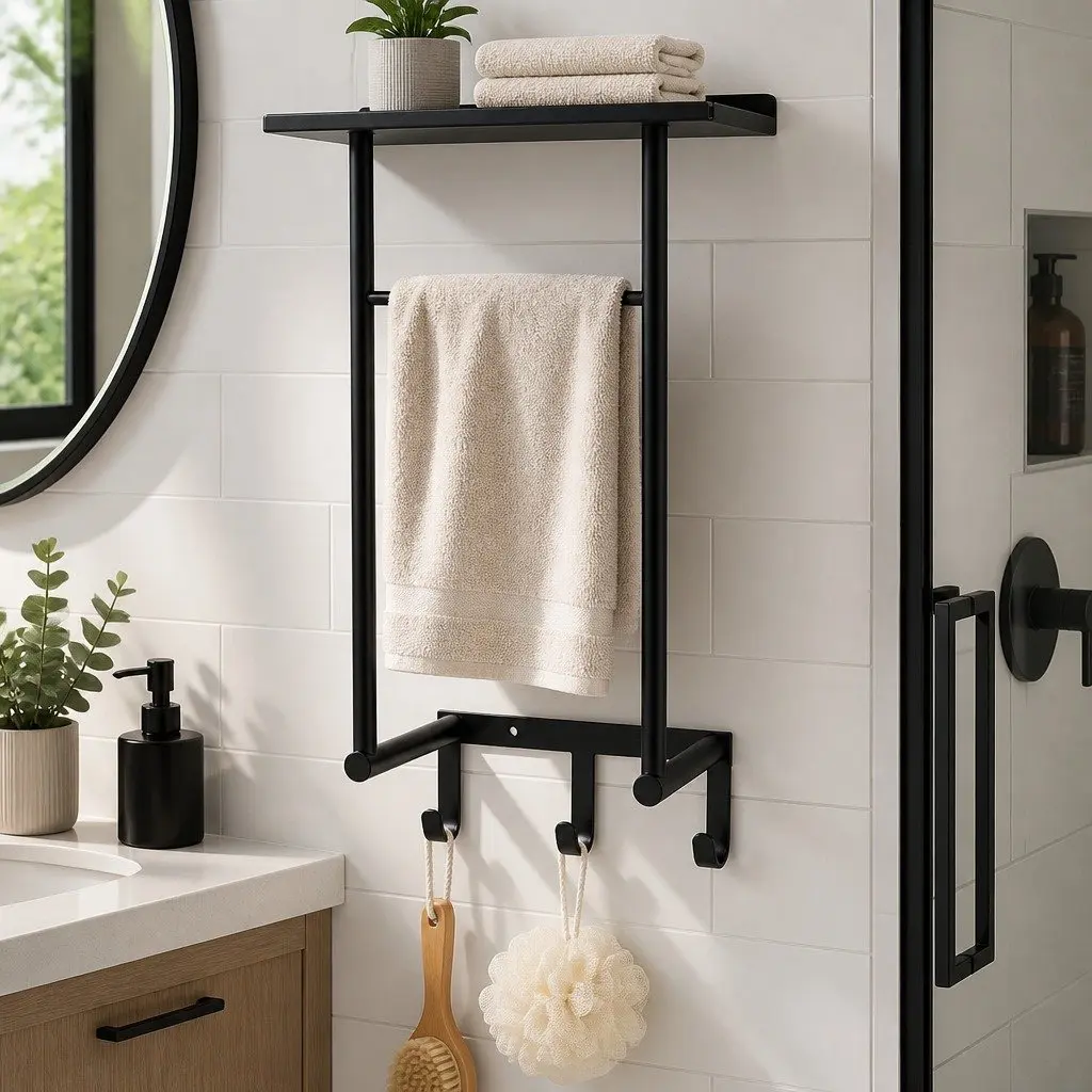 Wall Mounted Towel Rack Black 30cm x 16cm x 50cm Carbon Steel with Shelf and 3 Hooks