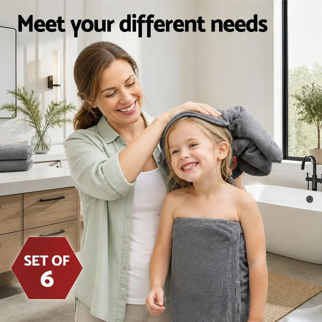 Bath Towels Set Grey 6 Piece Cotton Quick-drying Highly Absorbent