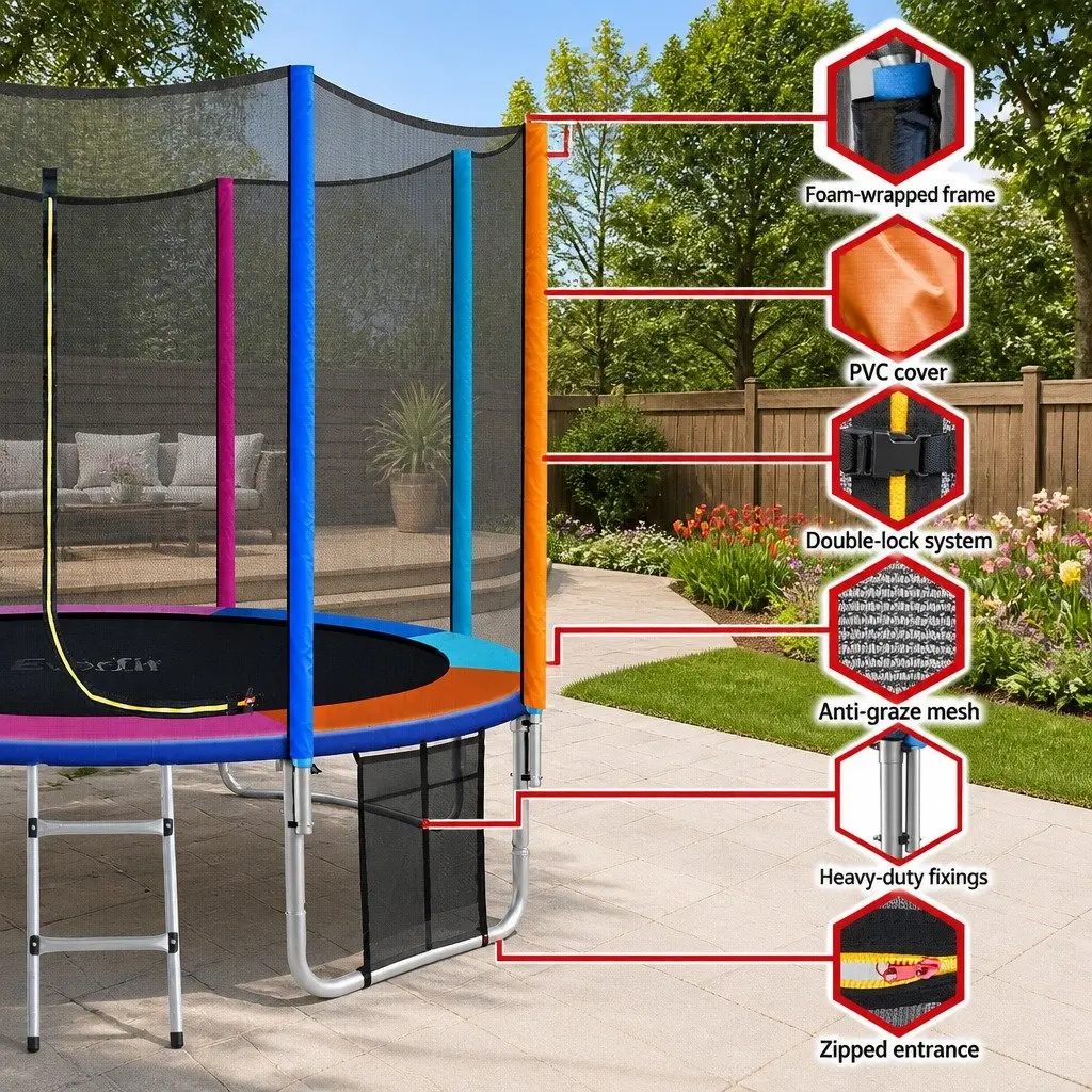 10FT Trampoline Rainbow with Safety Enclosure Net Ladder and Heavy Gauge Steel Frame