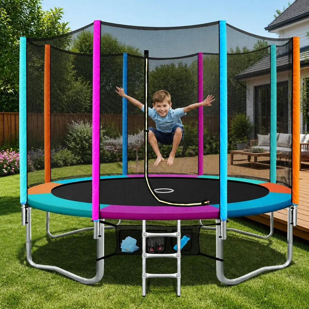 12FT Trampoline Rainbow Round with Ladder Safety Net Enclosure and Pad