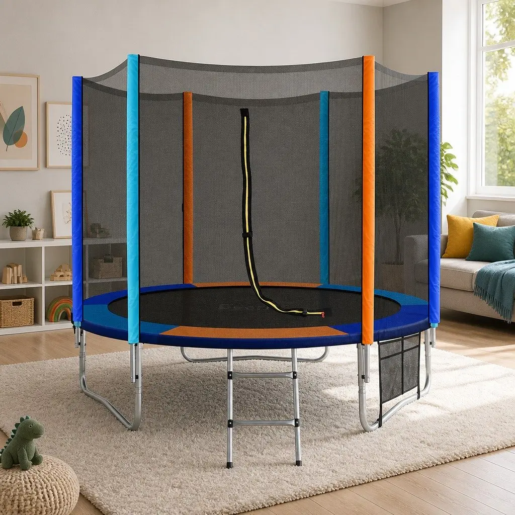 8FT Kids Trampoline Round Bouncer with Safety Enclosure Net Ladder Pad Rainbow
