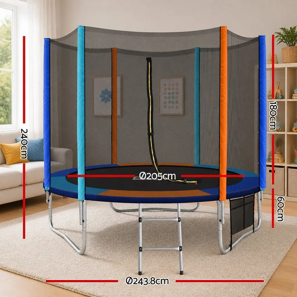 8FT Round Trampoline Rainbow with Safety Enclosure Net and Ladder