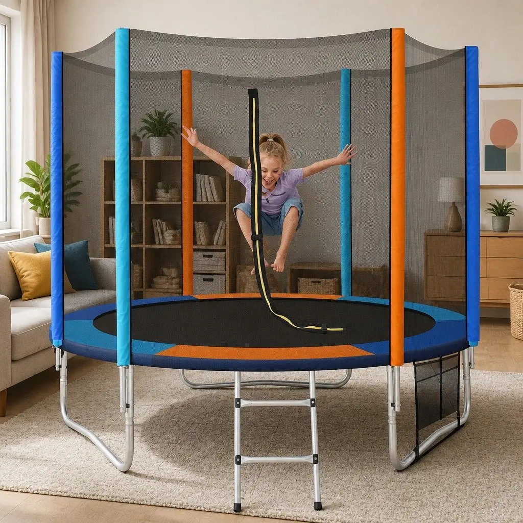 8FT Round Trampoline Rainbow with Safety Enclosure Net and Ladder