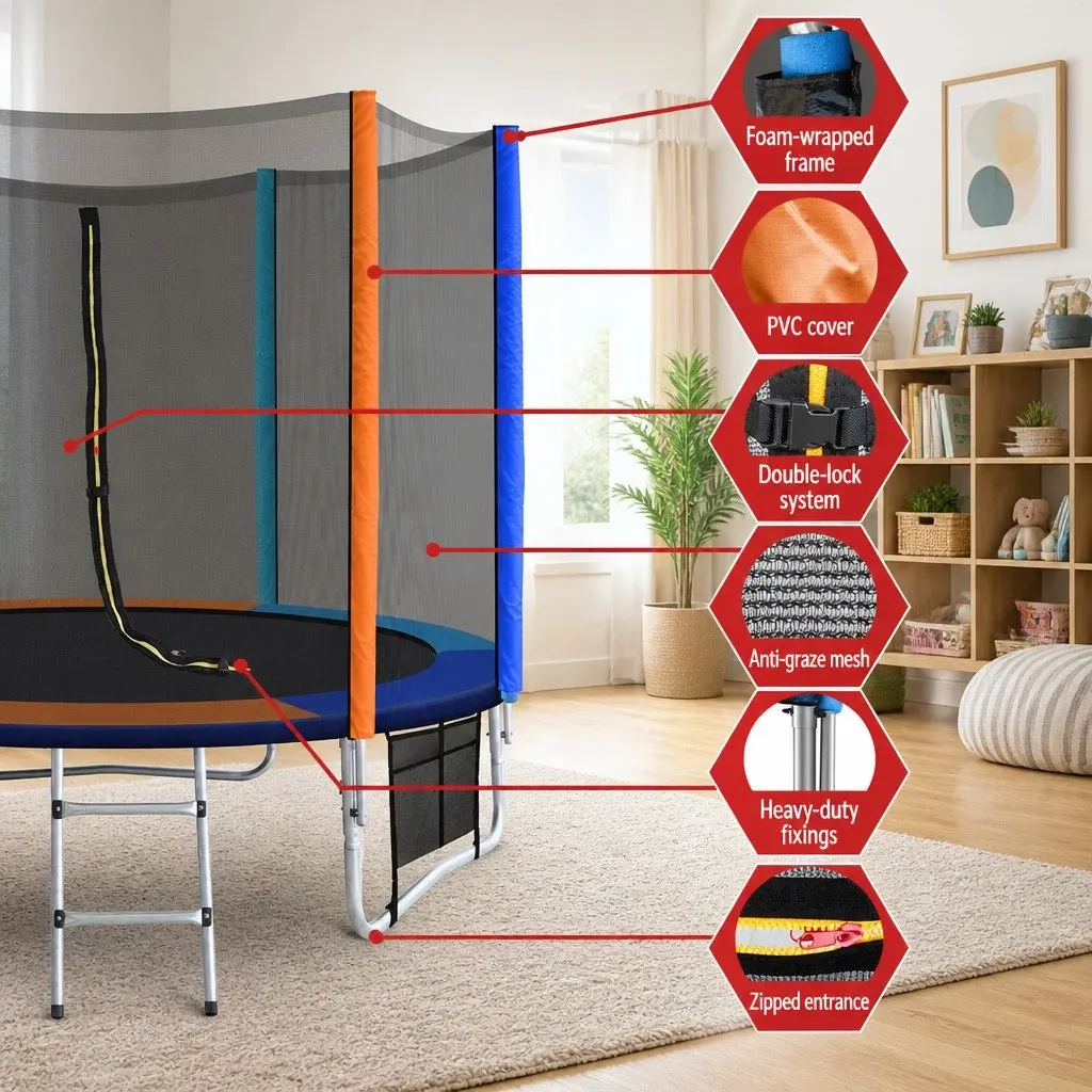 8FT Round Trampoline Rainbow with Safety Enclosure Net and Ladder