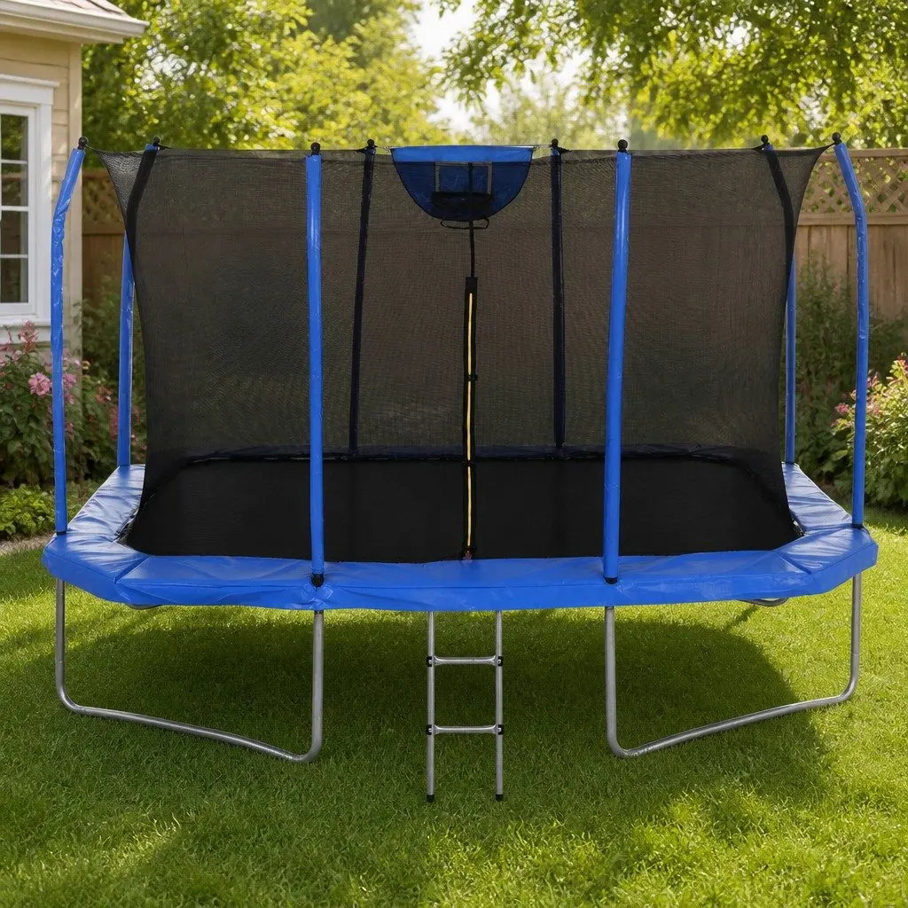 12FT Rectangle Trampoline Blue Safety Net Enclosed Basketball Set