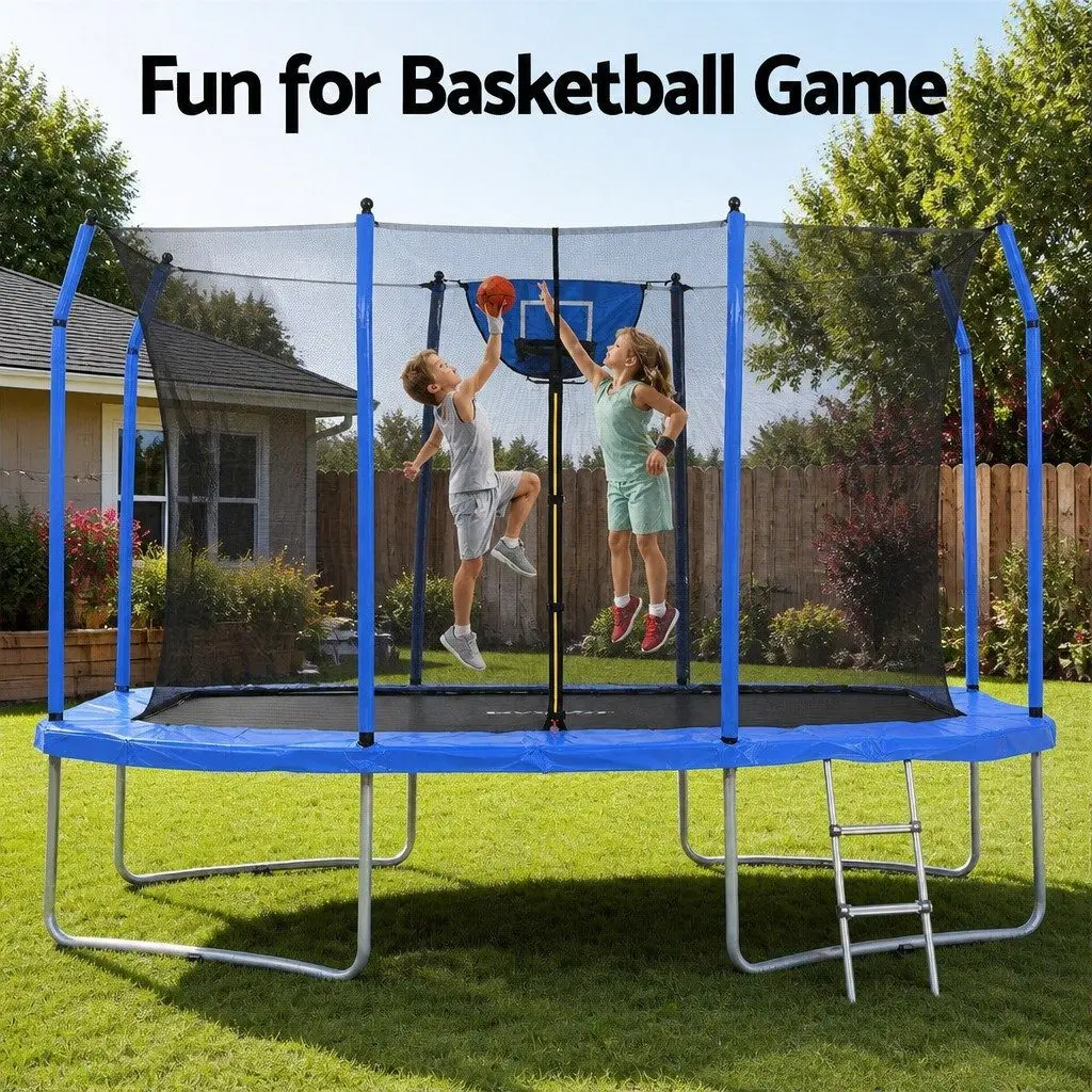 12FT Rectangle Trampoline Blue Safety Net Enclosed Basketball Set