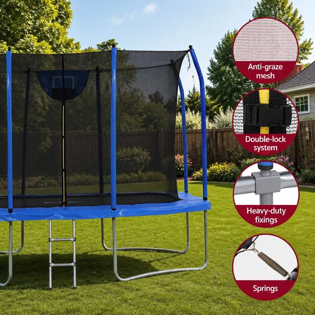 12FT Rectangle Trampoline Blue Safety Net Enclosed Basketball Set