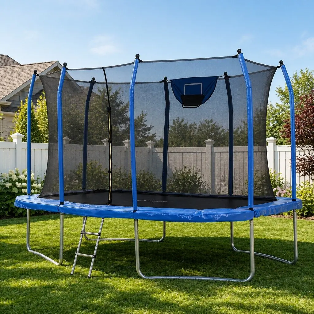 12FT Rectangle Trampoline Blue Safety Net Enclosed Basketball Set