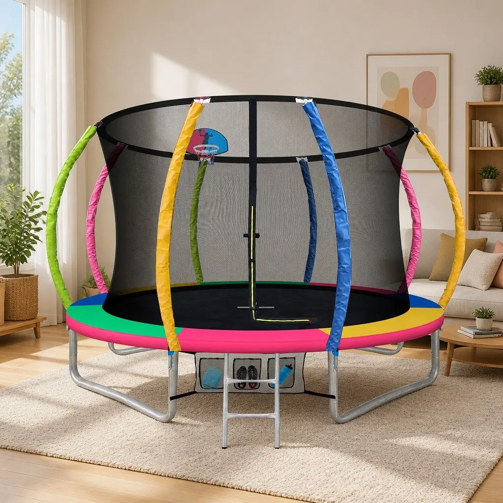 Kids Trampoline Multi-coloured 10FT Safety Enclosure Net with Integrated Ladder and Basketball Set