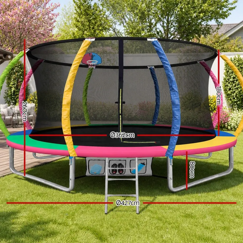 14ft Trampoline Multi-coloured with Safety Net Basketball Hoop Ladder for Kids
