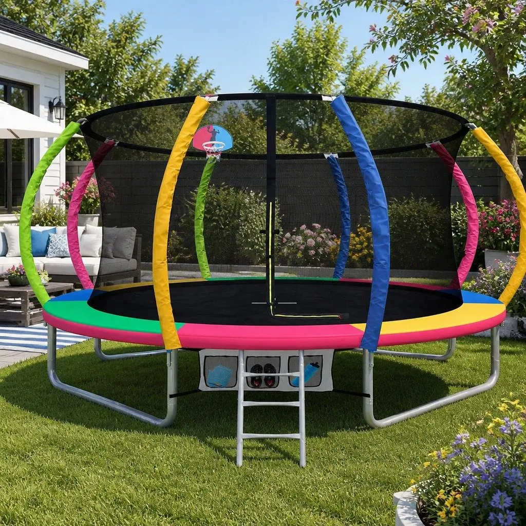 14ft Trampoline Multi-coloured with Safety Net Basketball Hoop Ladder for Kids