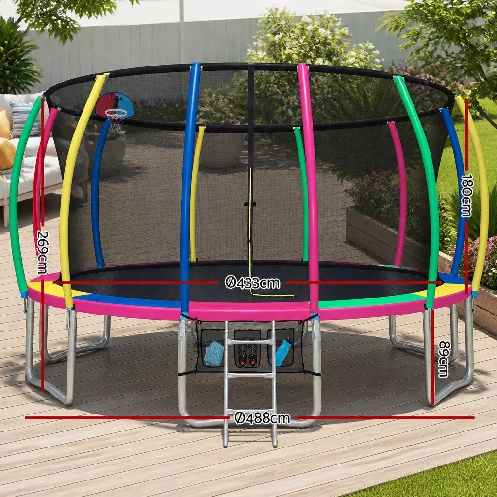 16FT Multi-coloured Trampoline with Safety Enclosure Net Ladder Basketball Hoop