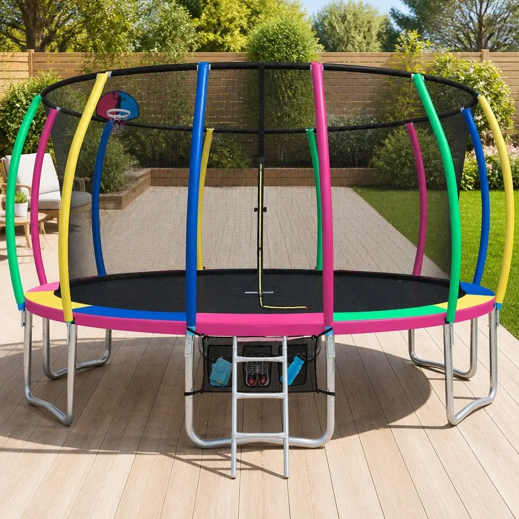 16FT Multi-coloured Trampoline with Safety Enclosure Net Ladder Basketball Hoop
