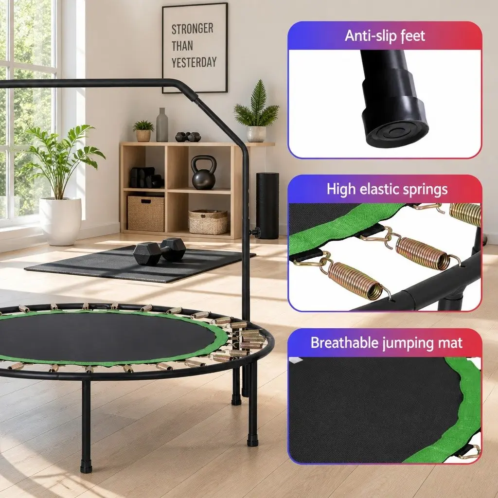 Round Fitness Trampoline Black 48 Inch Adjustable Handrail Home Gym Exercise