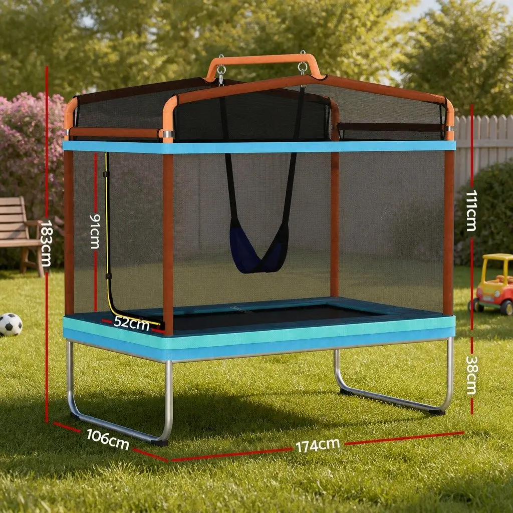 6FT Rectangle Trampoline Orange with Swing Enclosure Safety Net and Anti-Graze UV-Resistant Jumping Mat