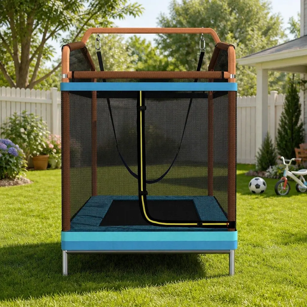 6FT Rectangle Trampoline Orange with Swing Enclosure Safety Net and Anti-Graze UV-Resistant Jumping Mat
