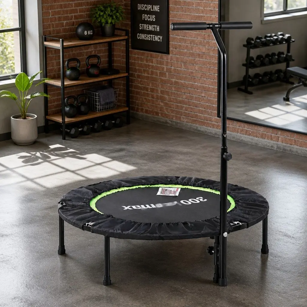 Fitness Trampoline Green 40 Inch Foldable Rebounder with Adjustable Handrail for Home Gym Cardio Exercise