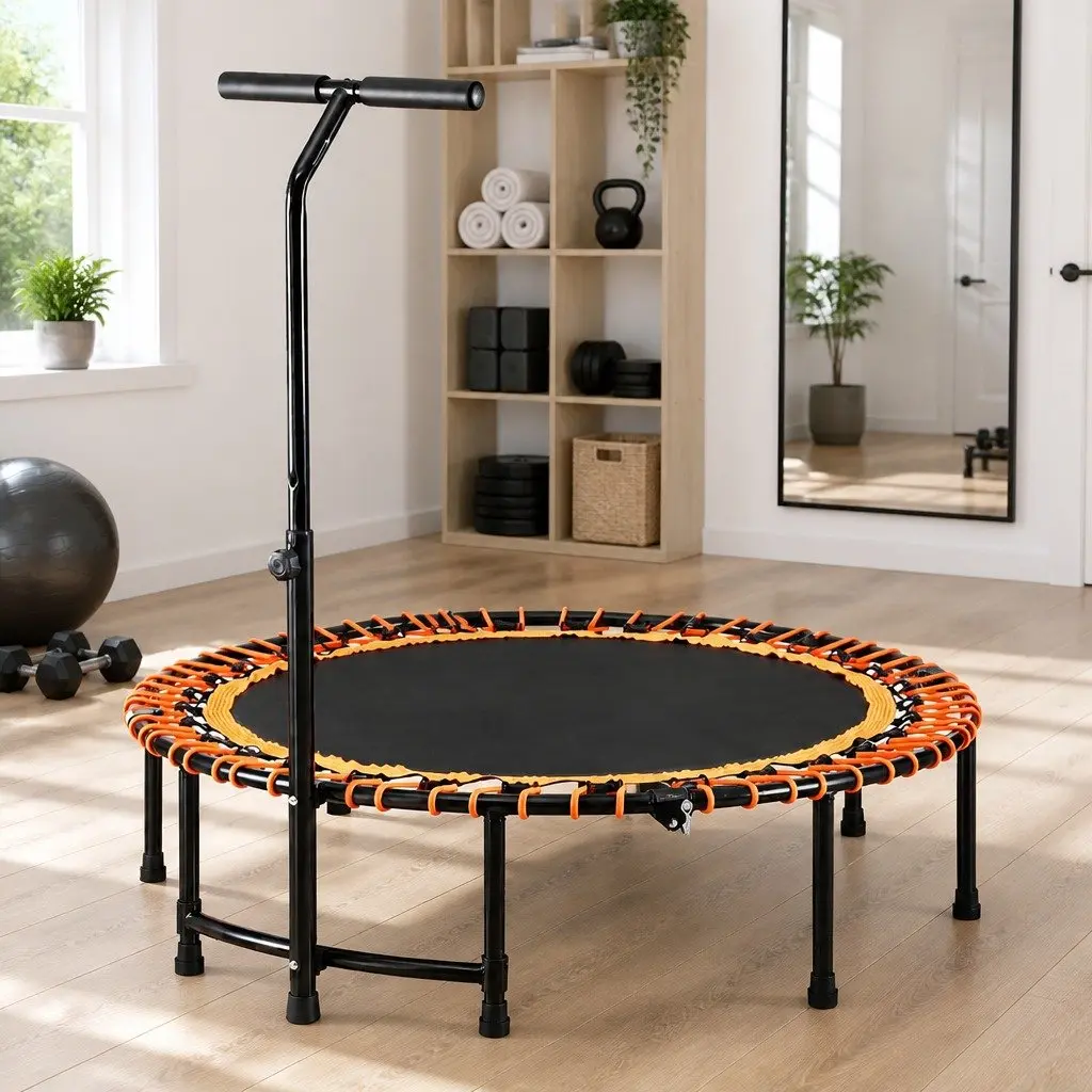 Fitness Trampoline Orange 48 Inch Foldable Rebounder with Adjustable Handrail for Home Gym Exercise
