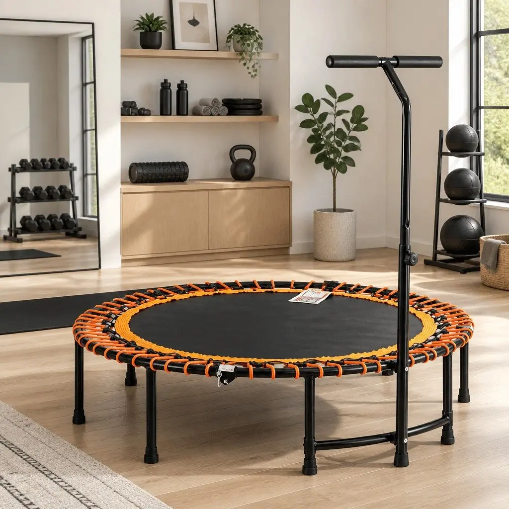 Fitness Trampoline Orange 48 Inch Foldable Rebounder with Adjustable Handrail for Home Gym Exercise