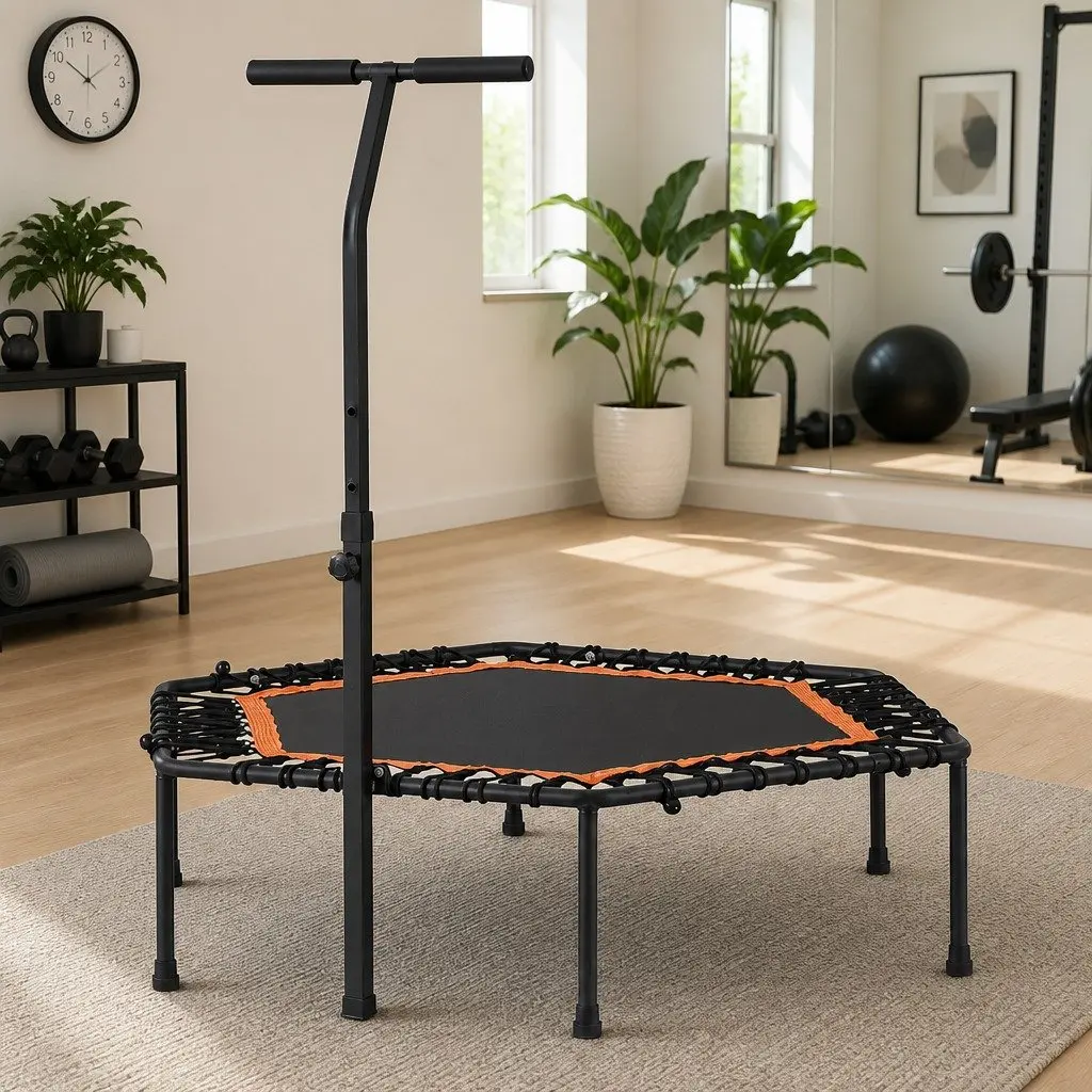 51 Inch Hexagon Fitness Trampoline Rebounder Adjustable Handrail Home Gym